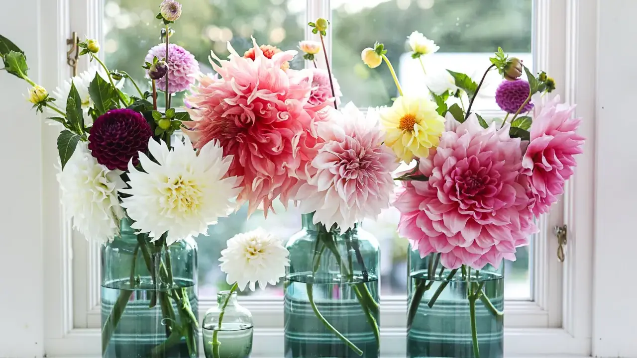 Vaser med blommor i olika färger, som vita, rosa och lila dahlior. En påminnelse om att plantera dahlia för en vacker sommar.