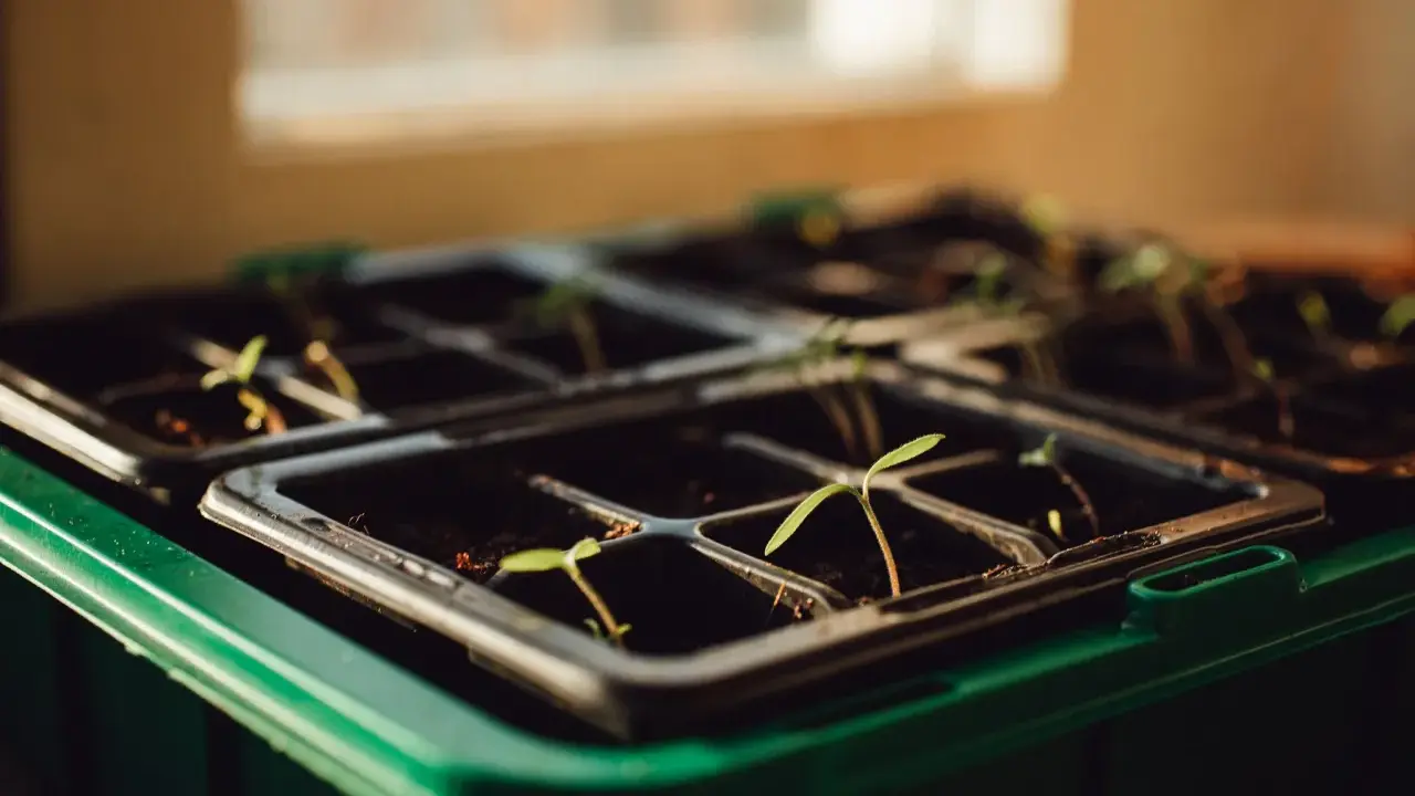 Små plantor spirar i en plast till blomlåda, redo att växa sig starka i solljuset.