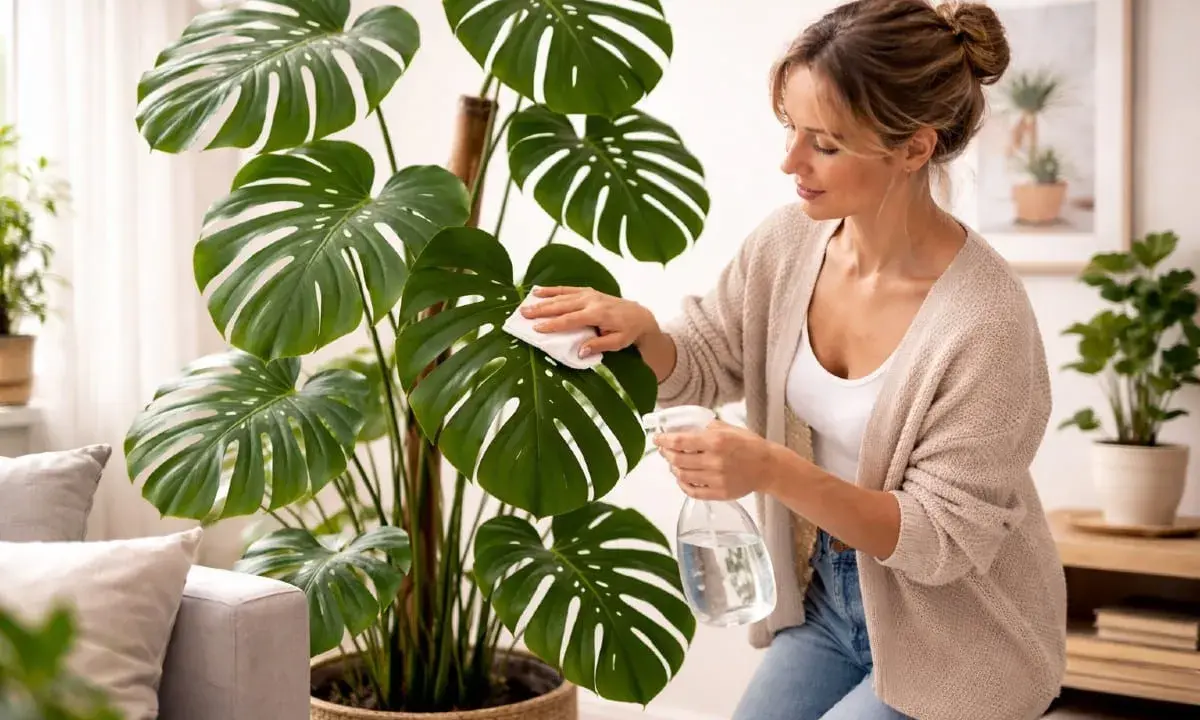 Kvinna putsar blad på en stor monstera. Även om monstera är vacker, tänk på att den är giftig om den äts.