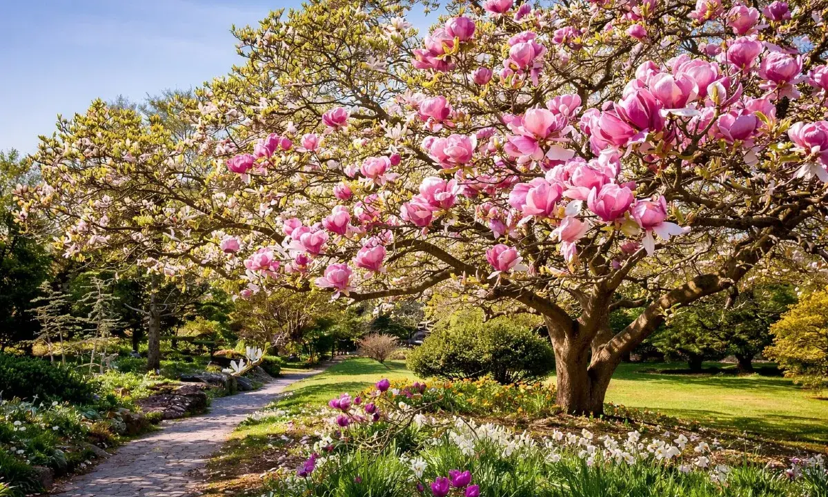 En magnifik magnolia i kruka blommar i en lummig trädgård. En stenlagd gång leder genom en äng med tulpaner och andra vårblommor.
