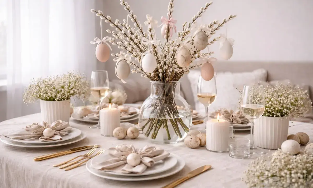 Vacker påskdukning med påskris utomhus, dekorerat med ägg och sidenband. Ljus och blommor skapar en festlig stämning.