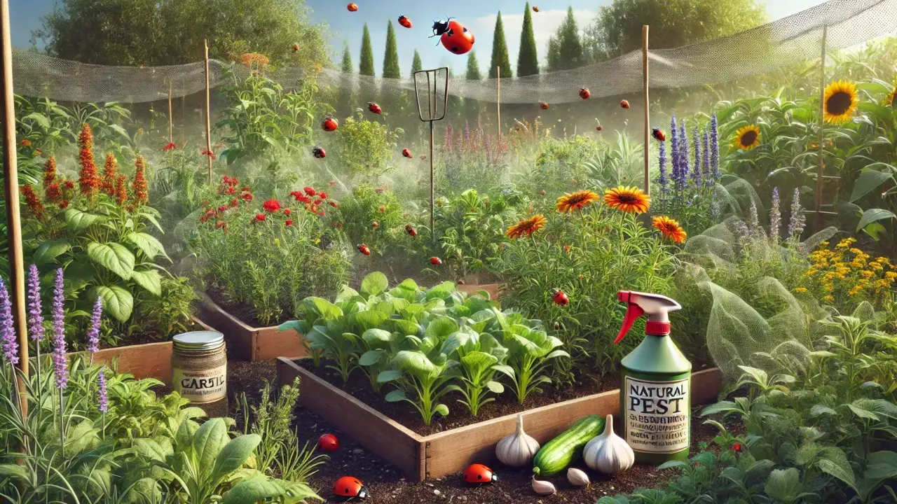 En frodig grönsaksodling med nyplanterade grödor, solrosor och lavendel. En flaska "Natural Pest" och en burk med myrnix kiselgur står redo för att skydda trädgården.