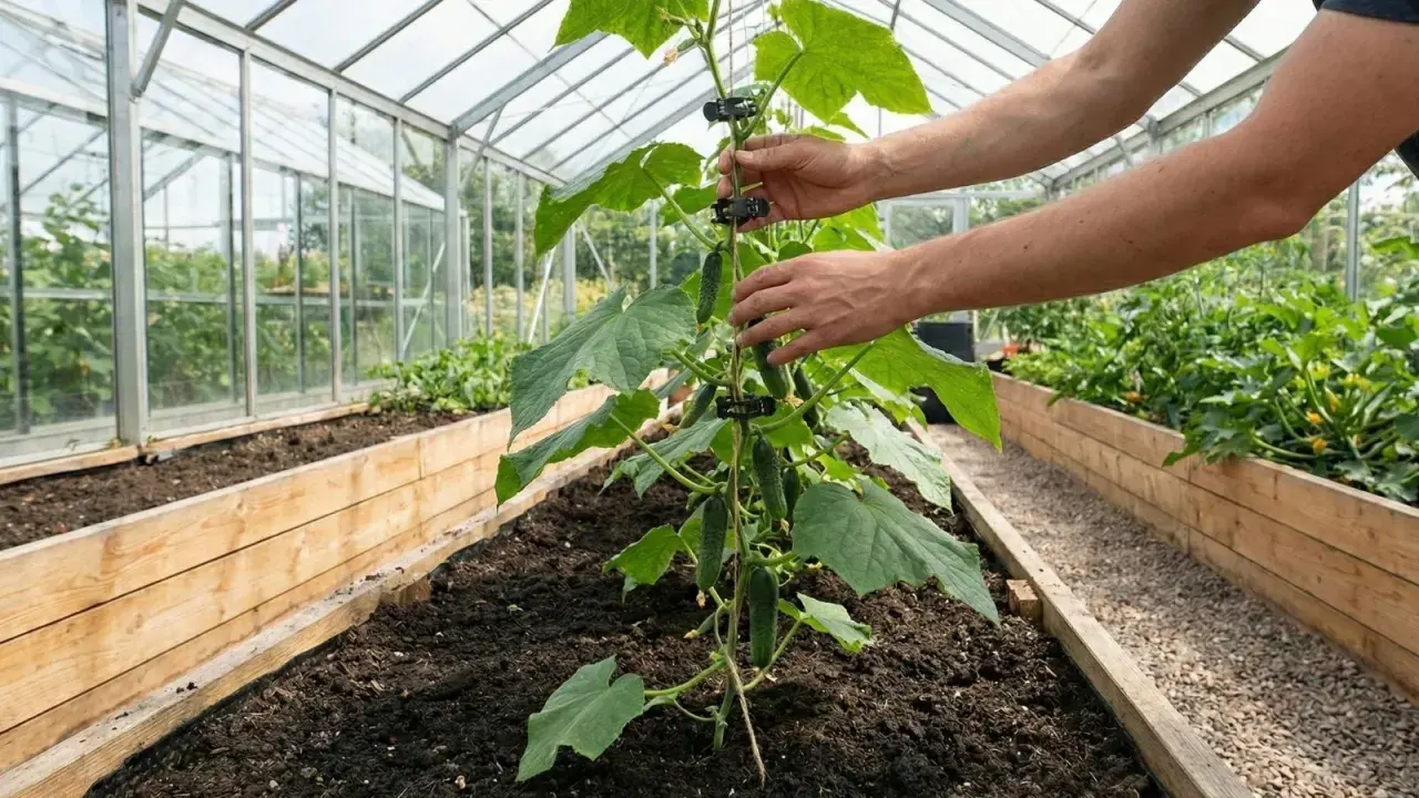 Händer som hjälper till att binda upp gurka i ett växthus. Plantan har flera små gurkor som växer.