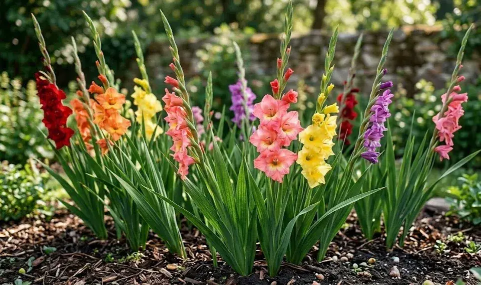 En rabatt med vackra gladiolus i olika färger, redo att planteras. De står i full blom och skapar en färgsprakande syn.