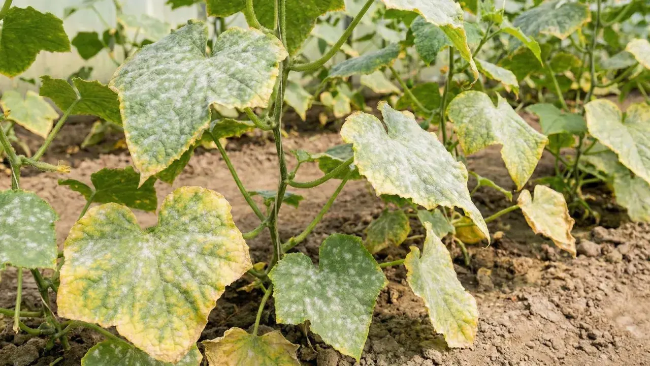 Gurkplantans blad är täckta av ett vitt puder, ett tydligt tecken på **downy mildew** (mjöldagg). Bladen gulnar och vissnar.