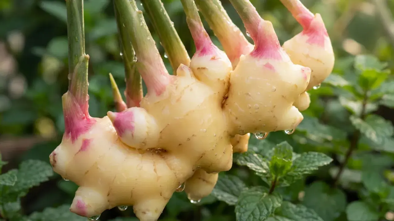 Färska ingefära-plantor med daggdroppar hänger över myntablad.