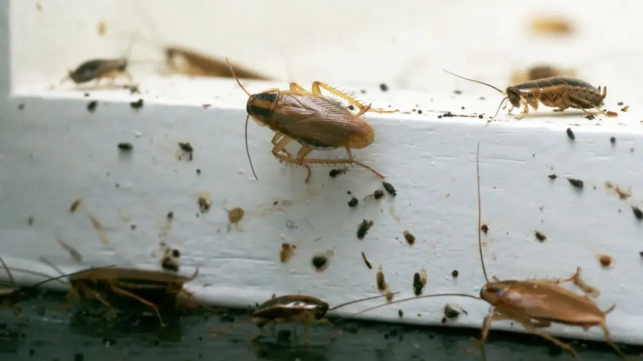 Flera kackerlackor kryper på en vit yta, vilket indikerar skadedjur inomhus. Mörka prickar, troligen spillning, syns överallt.