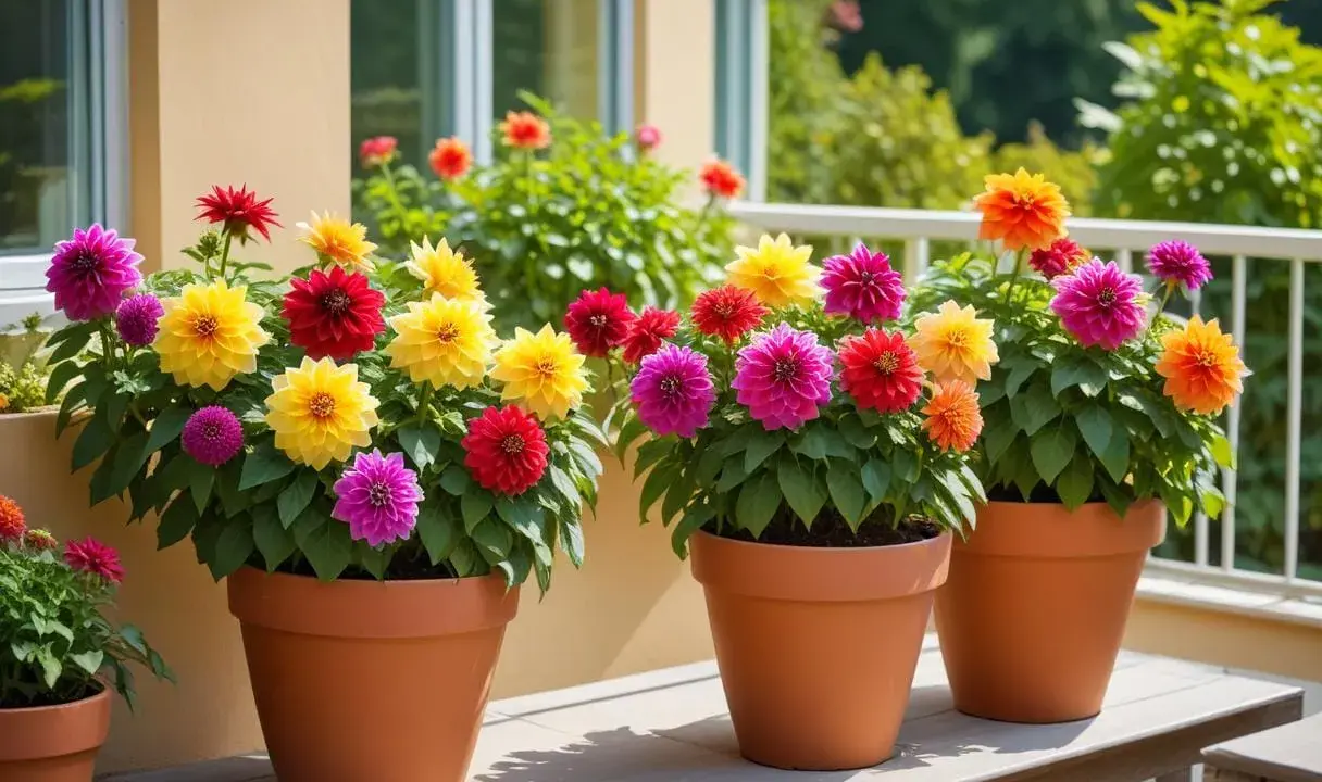 Färgglada dahlia i kruka inomhus, med blommor i rosa, gult, rött och orange som lyser upp.