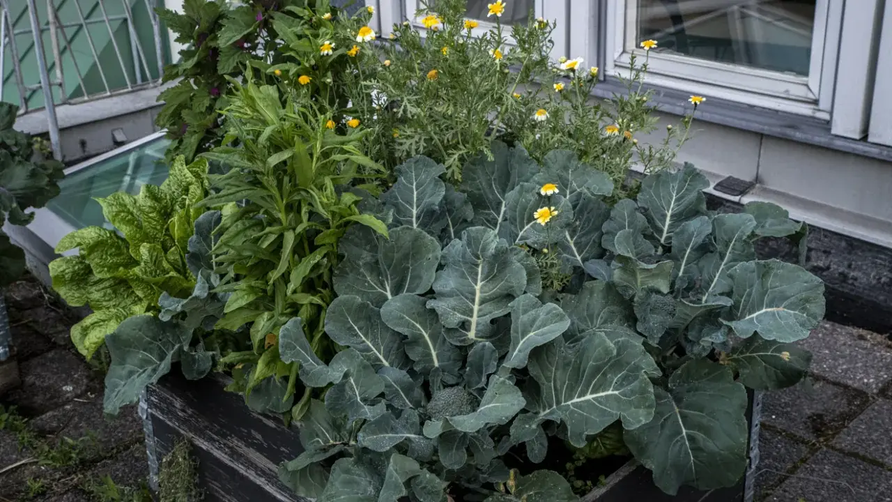 En pallkrage med samplantering av grönkål, broccoli och små gula blommor. En frodig och mångsidig odling.