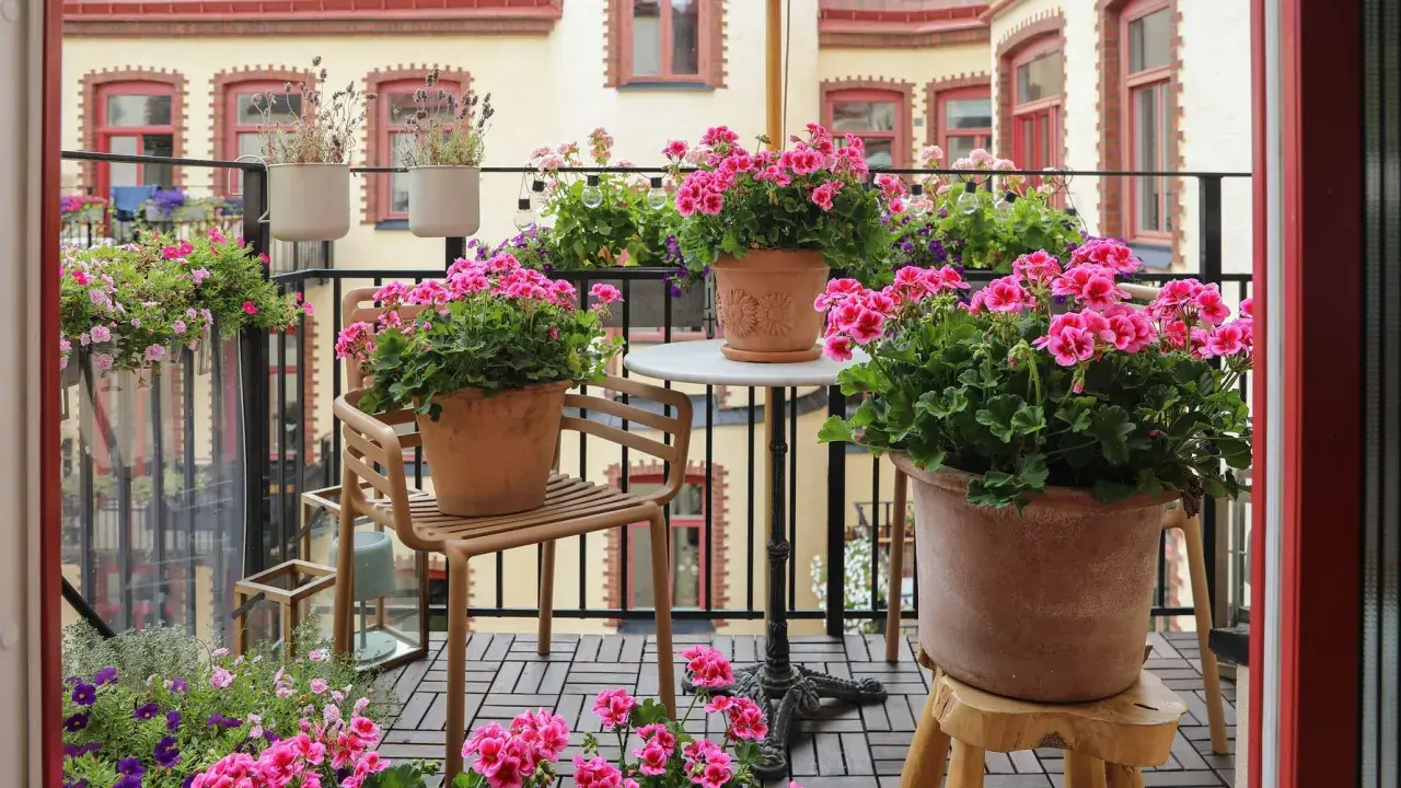 En balkong fylld med blommor, där årets pelargon lyser i rosa nyanser. En stol och ett litet bord skapar en mysig plats bland krukorna.