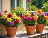 Färgglada dahlior i krukor på en altan. En vacker samplantering av dahlia i kruka som lyser upp i sommarvärmen.