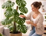 Kvinna putsar blad på en stor monstera. Även om monstera är vacker, tänk på att den är giftig om den äts.