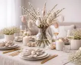 Vacker påskdukning med påskris utomhus, dekorerat med ägg och sidenband. Ljus och blommor skapar en festlig stämning.