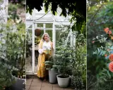 En kvinna i en gul kappa står i ett växthus med eukalyptus. Hon håller en kruka, redo att plantera om blommor. En bukett med orange blommor syns också.