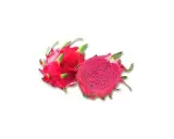 En hel och en halv drakfrukt med intensivt rosa fruktkött och svarta frön. En exotisk frukt från en drakfruktplanta.