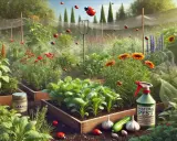 En frodig grönsaksodling med nyplanterade grödor, solrosor och lavendel. En flaska "Natural Pest" och en burk med myrnix kiselgur står redo för att skydda trädgården.