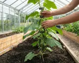 Händer som hjälper till att binda upp gurka i ett växthus. Plantan har flera små gurkor som växer.