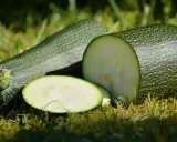 En hel och en halv zucchini i kruka, med skivor på gräset.