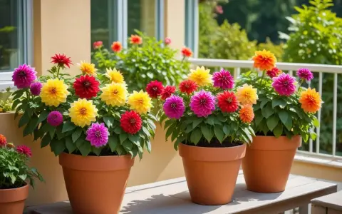 Färgglada dahlior i krukor på en altan. En vacker samplantering av dahlia i kruka som lyser upp i sommarvärmen.