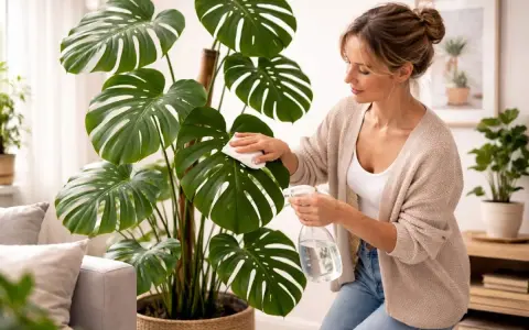 Kvinna putsar blad på en stor monstera. Även om monstera är vacker, tänk på att den är giftig om den äts.