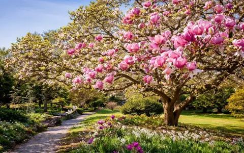En magnifik magnolia i kruka blommar i en lummig trädgård. En stenlagd gång leder genom en äng med tulpaner och andra vårblommor.