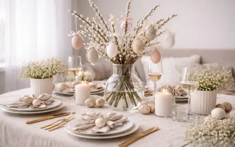 Vacker påskdukning med påskris utomhus, dekorerat med ägg och sidenband. Ljus och blommor skapar en festlig stämning.