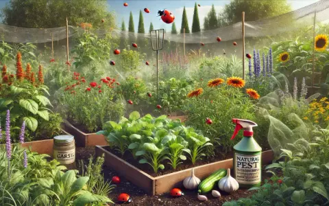En frodig grönsaksodling med nyplanterade grödor, solrosor och lavendel. En flaska "Natural Pest" och en burk med myrnix kiselgur står redo för att skydda trädgården.
