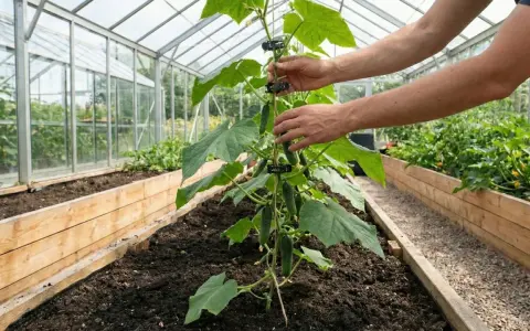Händer som hjälper till att binda upp gurka i ett växthus. Plantan har flera små gurkor som växer.