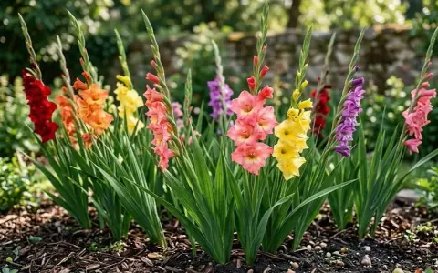 En rabatt med vackra gladiolus i olika färger, redo att planteras. De står i full blom och skapar en färgsprakande syn.
