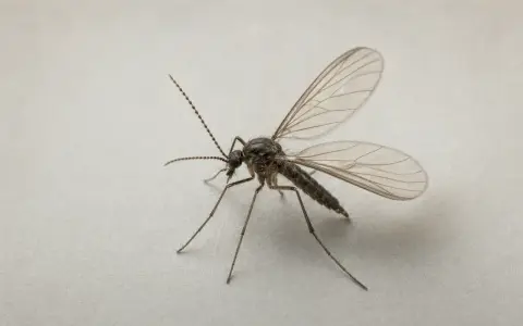 En närbild av en sorgmygga med sina genomskinliga vingar. Den ser ut att ha landat på en yta som påminner om kanel.