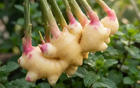 Färska ingefära-plantor med daggdroppar hänger över myntablad.