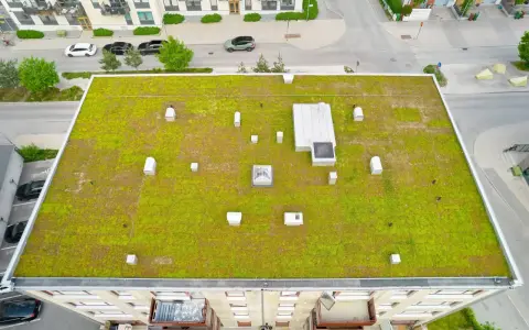 Grönt sedumtak konstruktion med ventilationshuvar och takljus. En modern byggnad med balkonger syns nedanför.