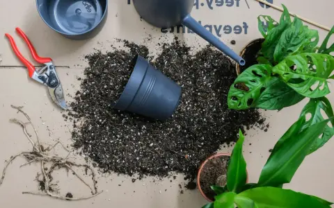 Reda sekatör, jord och krukor redo för omplantering av växter. En vattenkanna står redo att vattna.