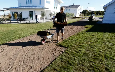 Man lägger ut färdig gräsmatta, rullar av grästorv för att skapa en ny moss lawn.