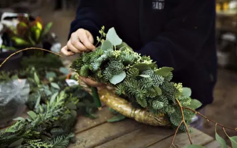 Händer som pysslar med att binda julkrans av granris och gröna blad.