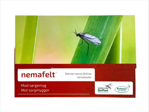 NemaFelt-förpackning med en sorgmygga på ett grässtrå. Produkten innehåller nematoder mot sorgmyggor.