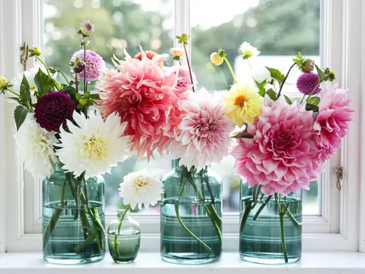 Vaser med blommor i olika färger, som vita, rosa och lila dahlior. En påminnelse om att plantera dahlia för en vacker sommar.