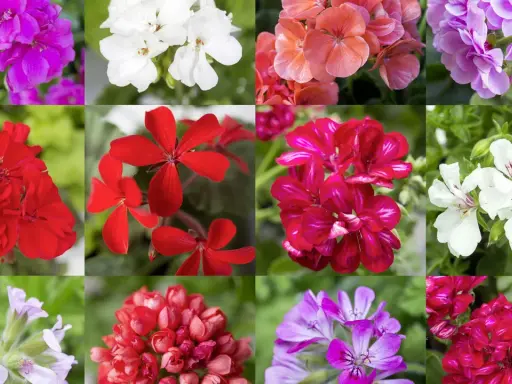 En mosaik av vackra pelargoner i olika färger och sorter: lila, vita, rosa, röda och cerisa blommor.