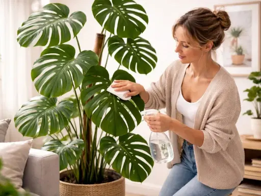 Kvinna putsar blad på en stor monstera. Även om monstera är vacker, tänk på att den är giftig om den äts.