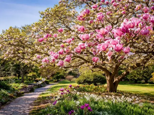 En magnifik magnolia i kruka blommar i en lummig trädgård. En stenlagd gång leder genom en äng med tulpaner och andra vårblommor.