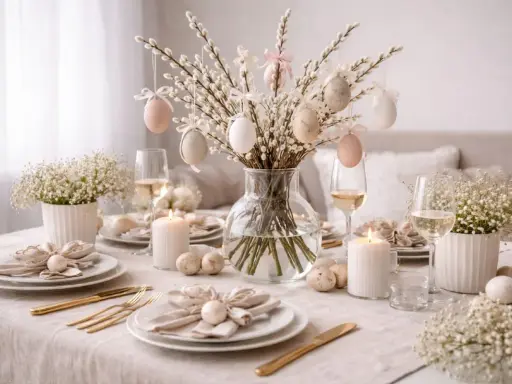 Vacker påskdukning med påskris utomhus, dekorerat med ägg och sidenband. Ljus och blommor skapar en festlig stämning.