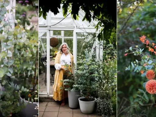 En kvinna i en gul kappa står i ett växthus med eukalyptus. Hon håller en kruka, redo att plantera om blommor. En bukett med orange blommor syns också.