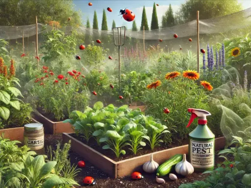 En frodig grönsaksodling med nyplanterade grödor, solrosor och lavendel. En flaska "Natural Pest" och en burk med myrnix kiselgur står redo för att skydda trädgården.