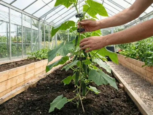 Händer som hjälper till att binda upp gurka i ett växthus. Plantan har flera små gurkor som växer.