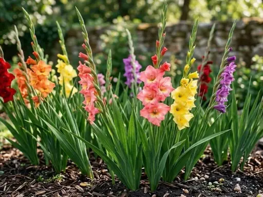 En rabatt med vackra gladiolus i olika färger, redo att planteras. De står i full blom och skapar en färgsprakande syn.
