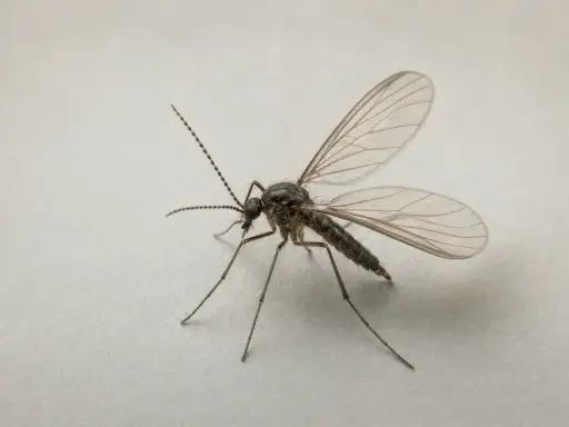 En närbild av en sorgmygga med sina genomskinliga vingar. Den ser ut att ha landat på en yta som påminner om kanel.