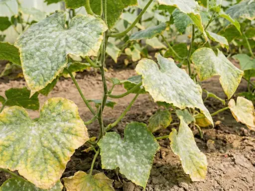 Gurkplantans blad är täckta av ett vitt puder, ett tydligt tecken på **downy mildew** (mjöldagg). Bladen gulnar och vissnar.