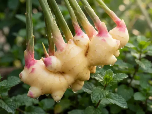 Färska ingefära-plantor med daggdroppar hänger över myntablad.