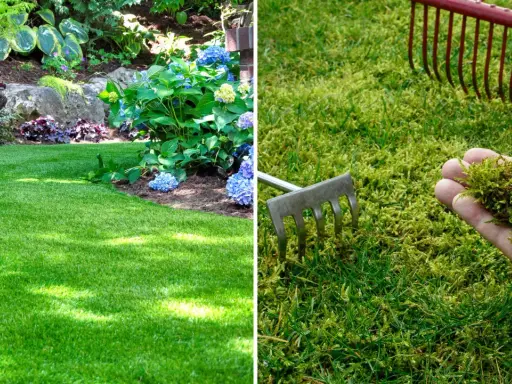 En hand håller mossa som ska tas bort från en gräsmatta. Bredvid syns en räfsa och en frisk grön gräsmatta med blommor.