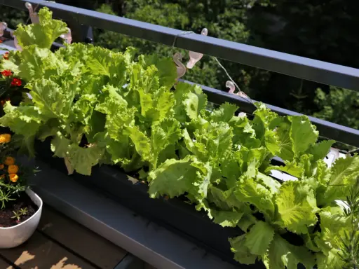 Fräsch sallad växer i en balkonglåda, perfekt för att odla sallad i kruka. Bredvid syns blommor i krukor.